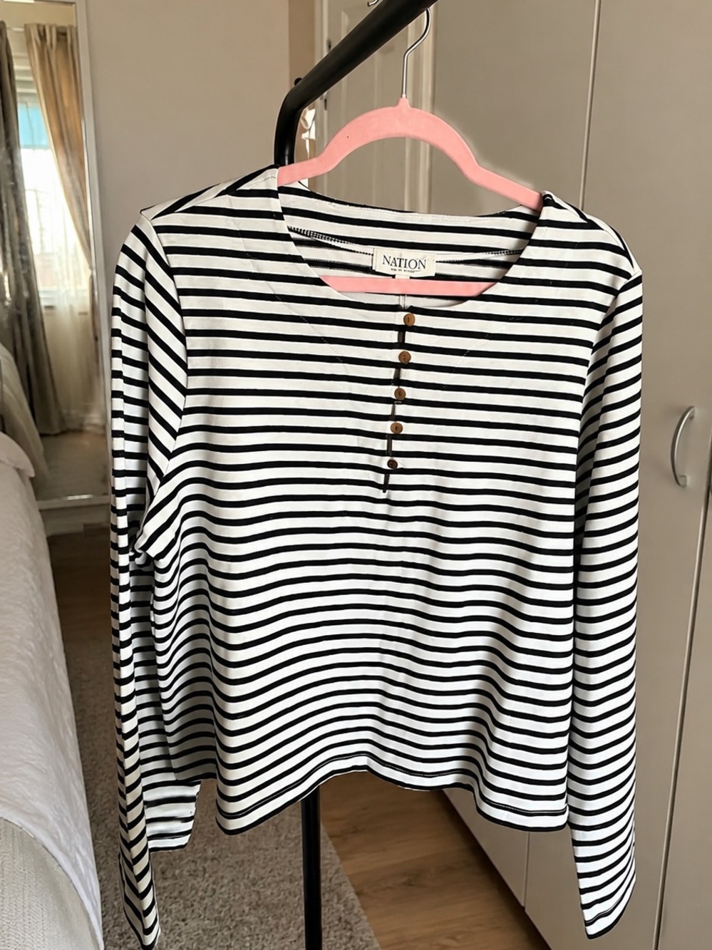 Nation Stripe Button-Front Long Sleeve Top - Navy & White
